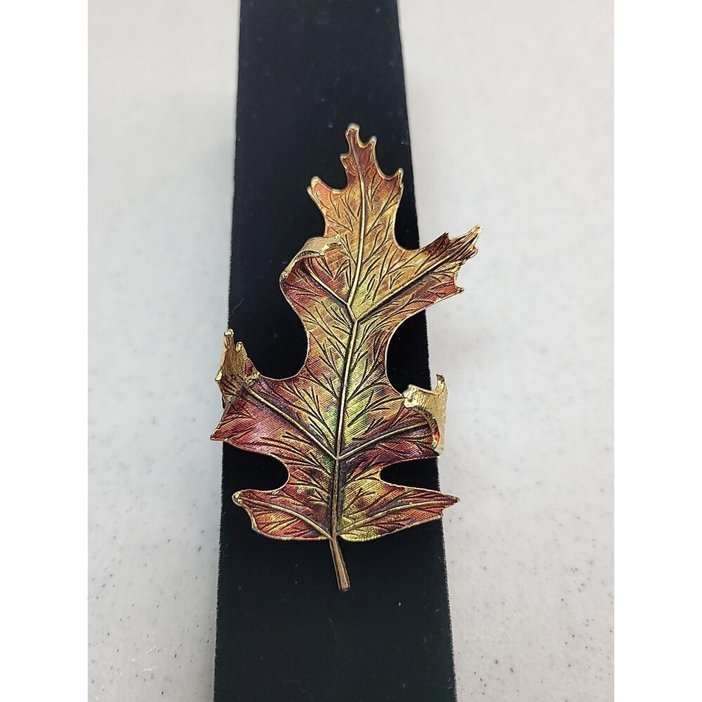 Large Goldtone Enamel Leaf Brooch Pin 3.5 Inches Long